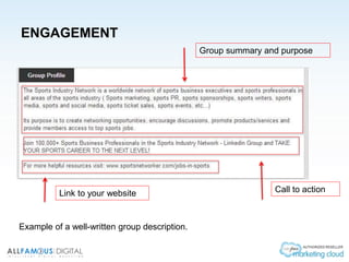 ENGAGEMENT
Example of a well-written group description.
Group summary and purpose
Call to actionLink to your website
 