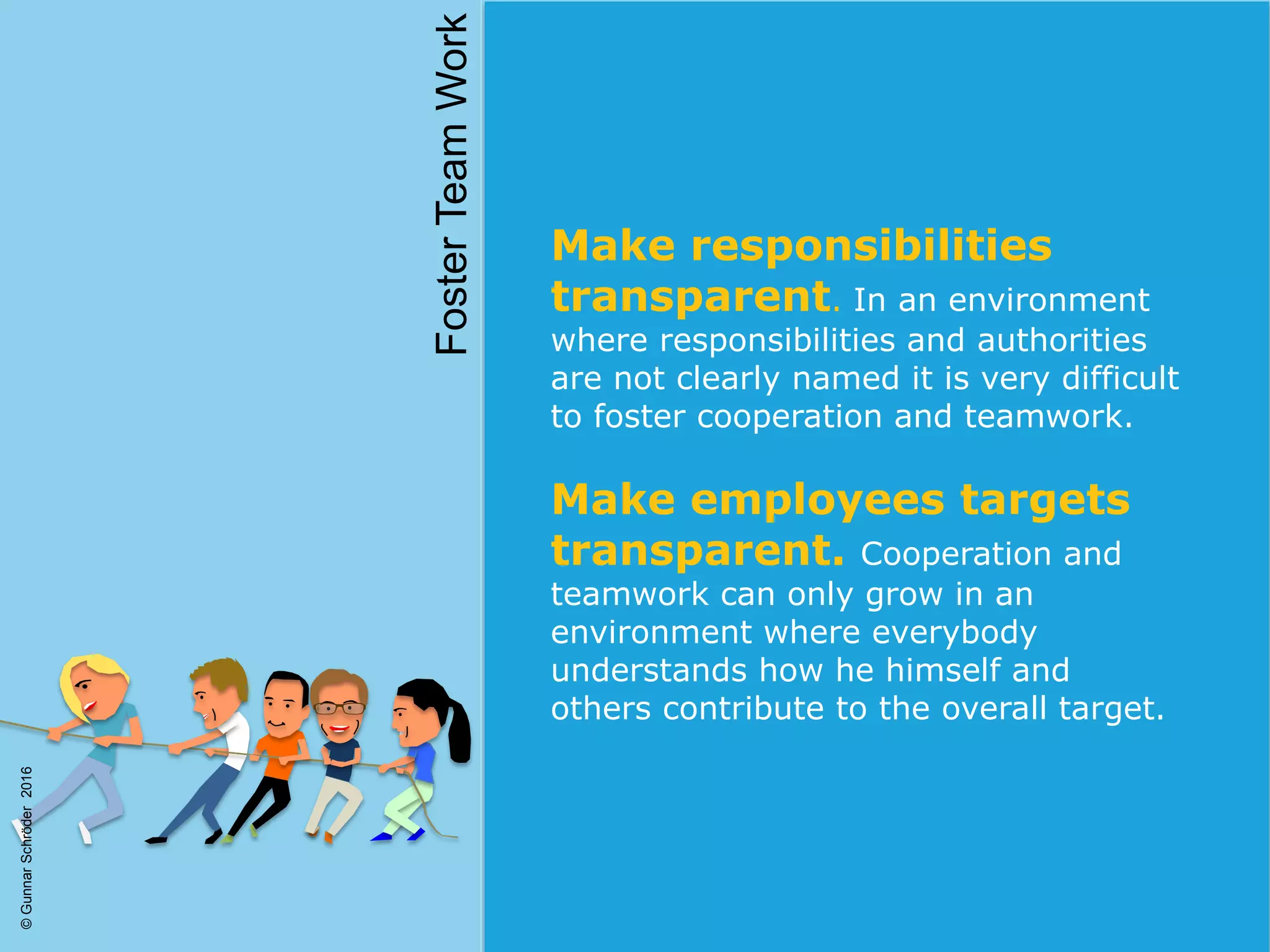 Make responsibilities
transparent. In an environment
where responsibilities and authorities
are not clearly named it is very difficult
to foster cooperation and teamwork.
Make employees targets
transparent. Cooperation and
teamwork can only grow in an
environment where everybody
understands how he himself and
others contribute to the overall target.
FosterTeamWork
©GunnarSchröder2016
 