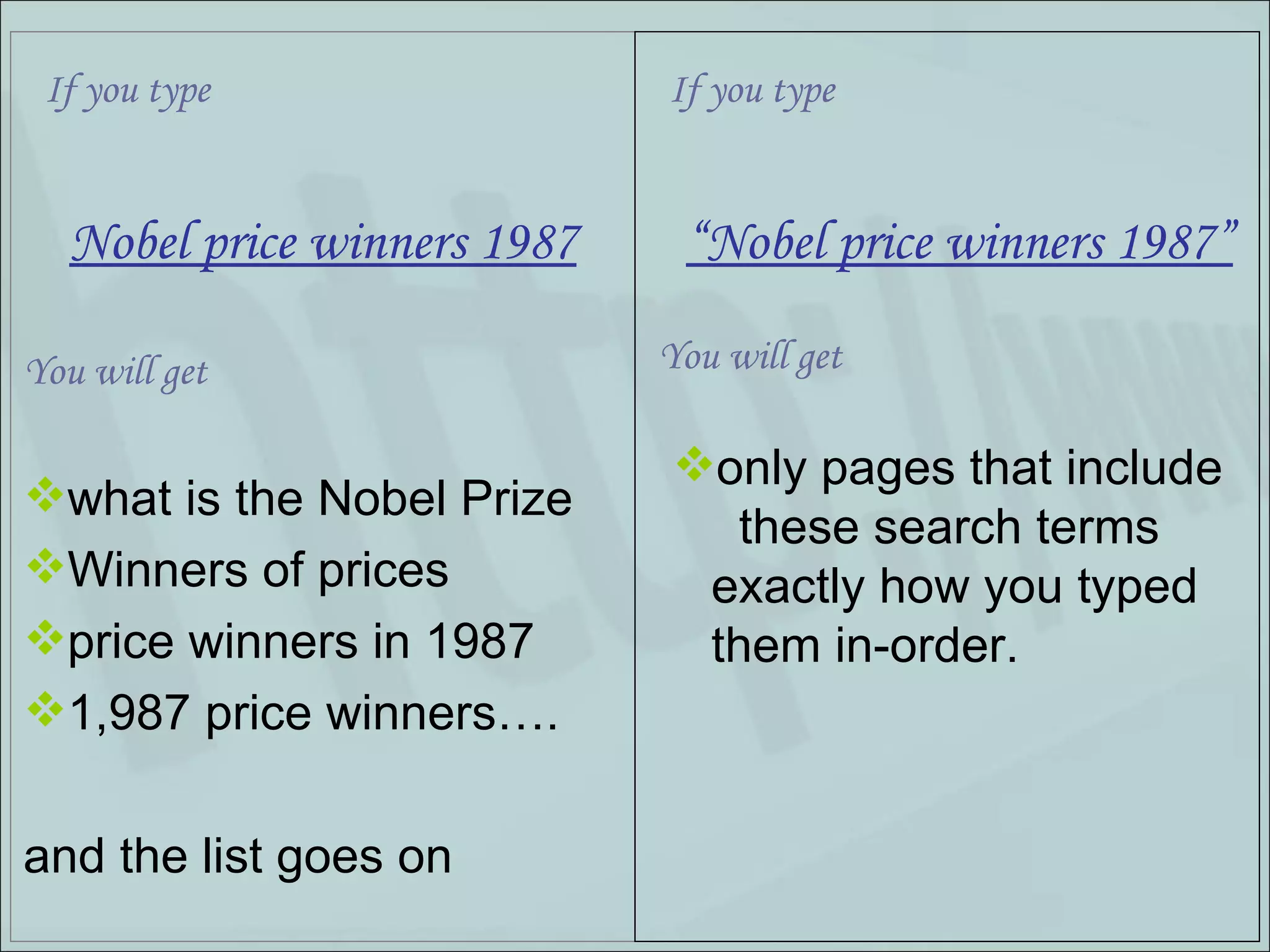 Nobel price winners 1987 You will get what is the Nobel Prize Winners of prices price winners in 1987 1,987 price winners…. and the list goes on “ Nobel price winners 1987” only pages that include  these search terms exactly how you typed them in-order. If you type You will get If you type 