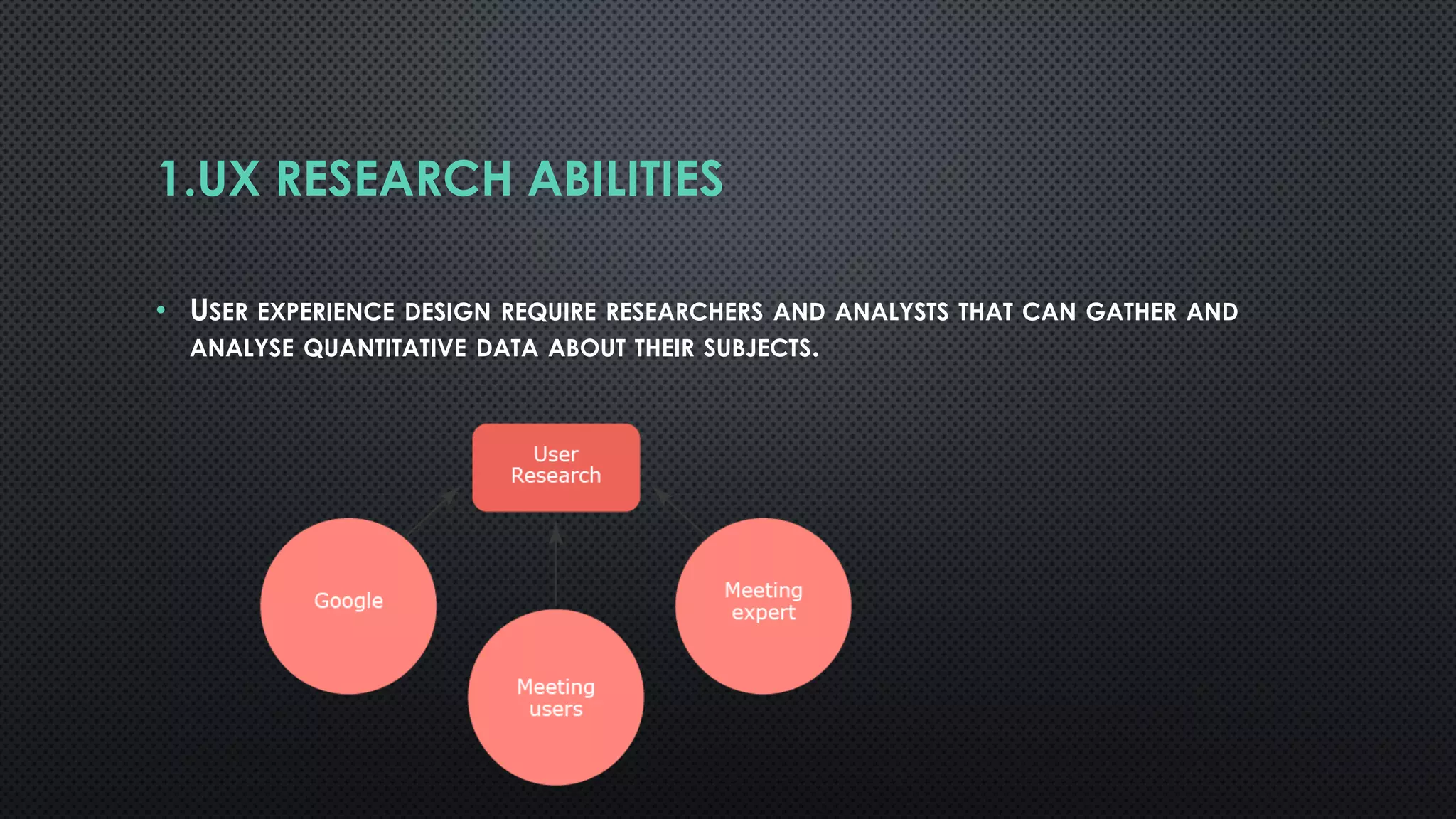 1.UX RESEARCH ABILITIES
• USER EXPERIENCE DESIGN REQUIRE RESEARCHERS AND ANALYSTS THAT CAN GATHER AND
ANALYSE QUANTITATIVE DATA ABOUT THEIR SUBJECTS.
 