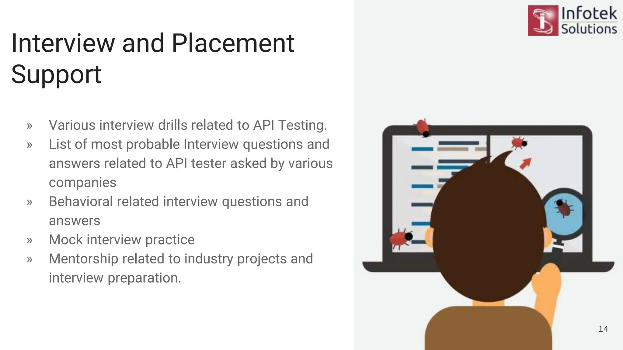 Interview and Placement
Support
» Various interview drills related to API Testing.
» List of most probable Interview questions and
answers related to API tester asked by various
companies
» Behavioral related interview questions and
answers
» Mock interview practice
» Mentorship related to industry projects and
interview preparation.
14
 