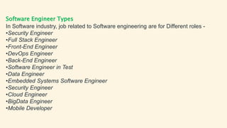 Software Engineer Types
In Software industry, job related to Software engineering are for Different roles -
•Security Engineer
•Full Stack Engineer
•Front-End Engineer
•DevOps Engineer
•Back-End Engineer
•Software Engineer in Test
•Data Engineer
•Embedded Systems Software Engineer
•Security Engineer
•Cloud Engineer
•BigData Engineer
•Mobile Developer
 