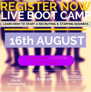 REGISTER NOW 
LIVE BOOT CAMP 
LEARN HOW TO START A RECRUITING & STAFFING BUSINESS 
16th AUGUST 
WHERE TIME RSVP 
8AM-5PM LIVE 
ONLINE 
GoToMeeting 
http://www.arecruitm 
entstore.com/bootca 
mp 
use discount code: LASTLINK 
$499 off special! 
