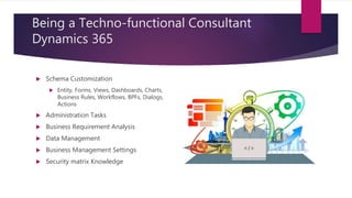 Being a Techno-functional Consultant
Dynamics 365
 Schema Customization
 Entity, Forms, Views, Dashboards, Charts,
Business Rules, Workflows, BPFs, Dialogs,
Actions
 Administration Tasks
 Business Requirement Analysis
 Data Management
 Business Management Settings
 Security matrix Knowledge
 