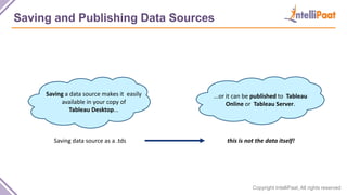 Copyright IntelliPaat, All rights reserved
Saving and Publishing Data Sources
Saving a data source makes it easily
available in your copy of
Tableau Desktop...
...or it can be published to Tableau
Online or Tableau Server.
Saving data source as a .tds this is not the data itself!
 