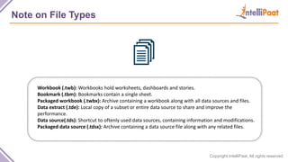 Copyright IntelliPaat, All rights reserved
Note on File Types
Workbook (.twb): Workbooks hold worksheets, dashboards and stories.
Bookmark (.tbm): Bookmarks contain a single sheet.
Packaged workbook (.twbx): Archive containing a workbook along with all data sources and files.
Data extract (.tde): Local copy of a subset or entire data source to share and improve the
performance.
Data source(.tds): Shortcut to oftenly used data sources, containing information and modifications.
Packaged data source (.tdsx): Archive containing a data source file along with any related files.
 