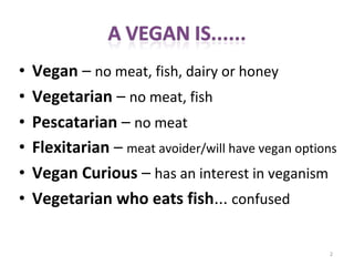 • Vegan – no meat, fish, dairy or honey
• Vegetarian – no meat, fish
• Pescatarian – no meat
• Flexitarian – meat avoider/will have vegan options
• Vegan Curious – has an interest in veganism
• Vegetarian who eats fish... confused
2
 