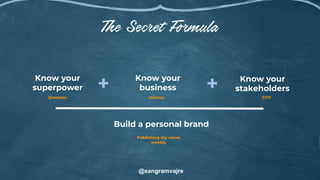 Build a personal brand
Know your
business
Know your
stakeholders+ +
@sangramvajre
Know your
superpower
Dreamer CFOMetrics
Publishing my views
weekly