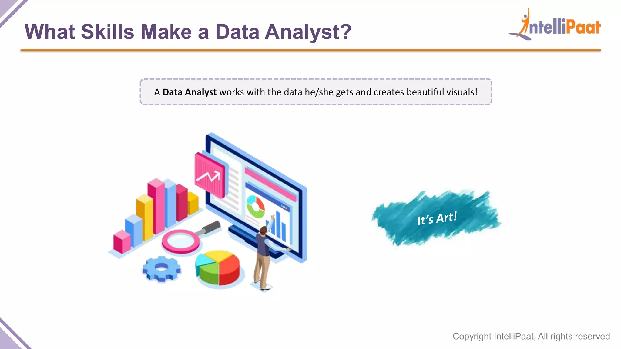 Copyright IntelliPaat, All rights reserved
What Skills Make a Data Analyst?
A Data Analyst works with the data he/she gets and creates beautiful visuals!
 