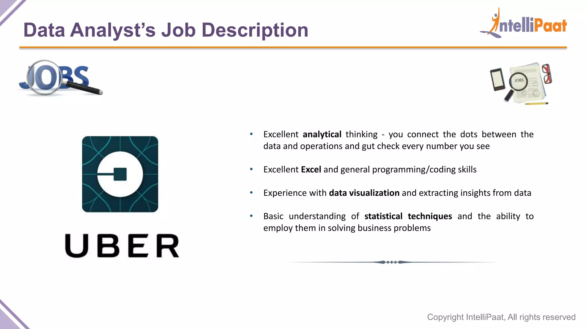 Copyright IntelliPaat, All rights reserved
Data Analyst’s Job Description
• Excellent analytical thinking - you connect the dots between the
data and operations and gut check every number you see
• Excellent Excel and general programming/coding skills
• Experience with data visualization and extracting insights from data
• Basic understanding of statistical techniques and the ability to
employ them in solving business problems
 