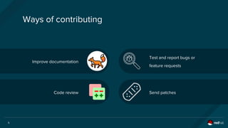 5
Improve documentation
Test and report bugs or
feature requests
Send patchesCode review
Ways of contributing
 