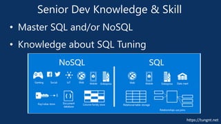 https://tungnt.net
Senior Dev Knowledge & Skill
• Master SQL and/or NoSQL
• Knowledge about SQL Tuning
 