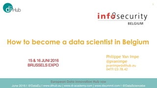 How to become a data scientist in Belgium
1
Philippe Van Impe
@pvanimpe
pvanimpe@dihub.eu
0477/23.78.42
European Data Innovation Hub vzw
June 2016 | @DataEu | www.dihub.eu | www.di-academy.com | www.disummit.com | @DataSciencebe
 