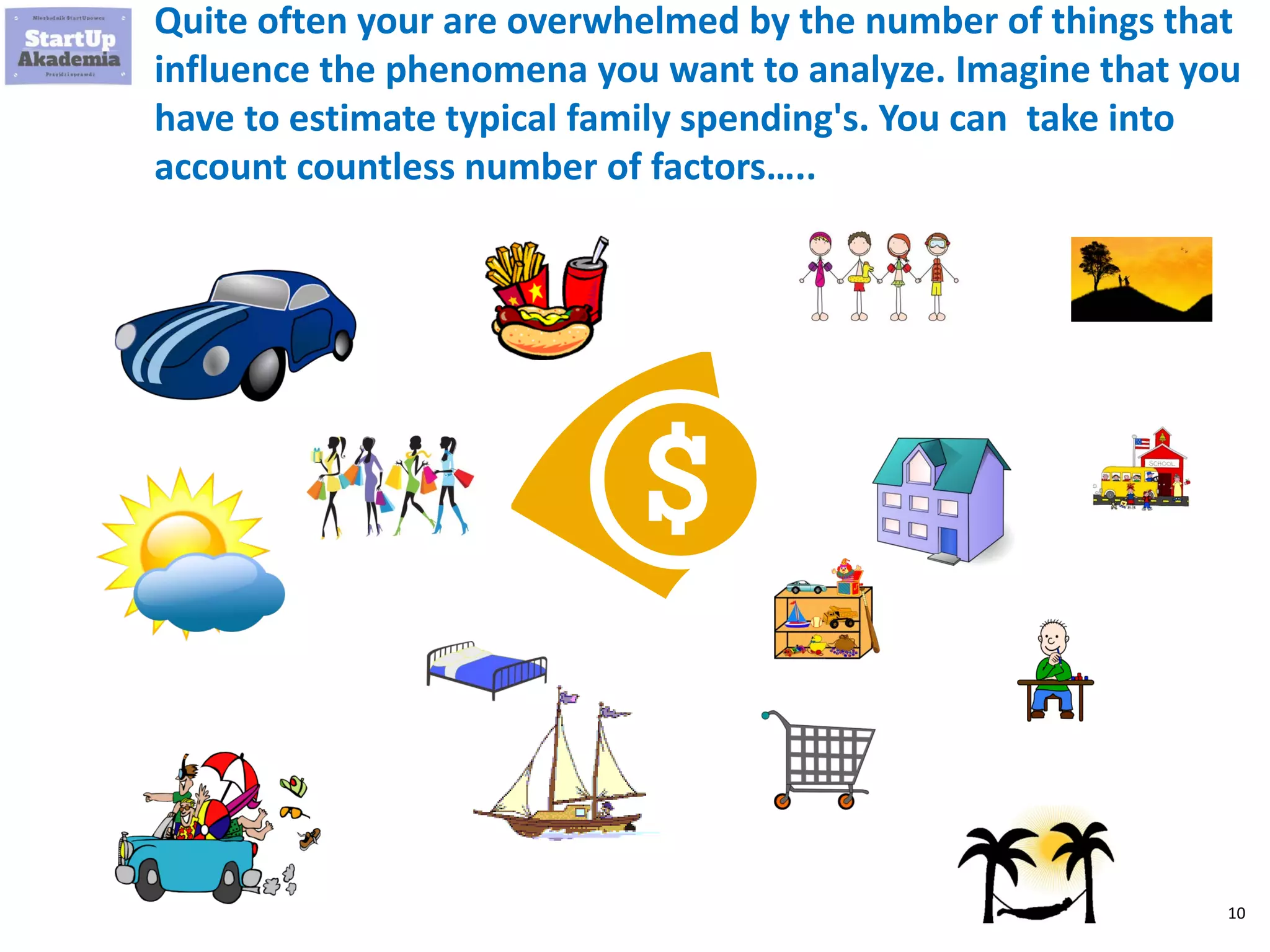 10
Quite often your are overwhelmed by the number of things that
influence the phenomena you want to analyze. Imagine that you
have to estimate typical family spending's. You can take into
account countless number of factors…..
 