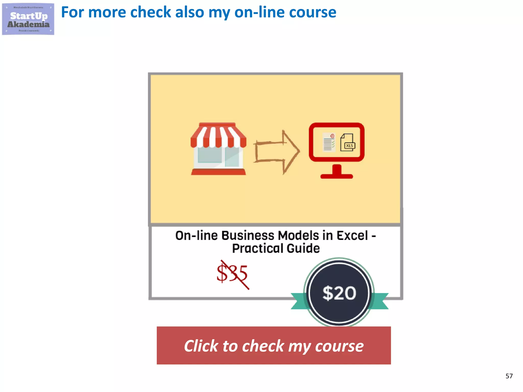 57
Developed companies can operate multiple models under
one or many companies. Have a look at Amazon
SaaS
E-commerce Media site2-sided market
UGC
B2B Service
B2C Service
 