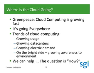 Where is the Cloud Going?

         Greenpeace: Cloud Computing is growing
         fast
         It’s going Everywhere
         Trends of cloud-computing:
          – Growing usage
          – Growing datacenters
          – Growing electric demand
          – On the bright side – growing awareness to
            environment
         We can help!... The question is “How?”
Company Confidential          11
 