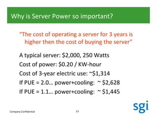 Why is Server Power so important?

       “The cost of operating a server for 3 years is
         higher then the cost of buying the server”

       A typical server: $2,000, 250 Watts
       Cost of power: $0.20 / KW-hour
       Cost of 3-year electric use: ~$1,314
       If PUE = 2.0… power+cooling: ~ $2,628
       If PUE = 1.1… power+cooling: ~ $1,445

Company Confidential         13
 