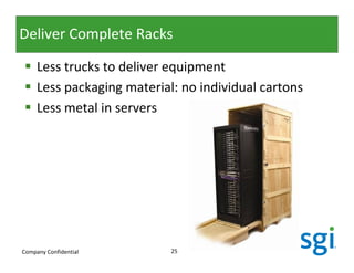 Deliver Complete Racks

     Less trucks to deliver equipment
     Less packaging material: no individual cartons
     Less metal in servers




Company Confidential        25
 