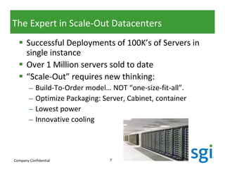The Expert in Scale-Out Datacenters
      Successful Deployments of 100K’s of Servers in
      single instance
      Over 1 Million servers sold to date
      “Scale-Out” requires new thinking:
        –   Build-To-Order model… NOT “one-size-fit-all”.
        –   Optimize Packaging: Server, Cabinet, container
        –   Lowest power
        –   Innovative cooling




Company Confidential              7
 