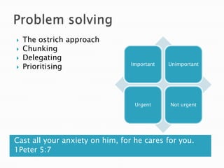 Problem solvingThe ostrich approachChunkingDelegatingPrioritisingCast all your anxiety on him, for he cares for you.1Peter 5:7