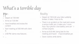 What’s a terrible day
!?Plan
– Depart at 7:00 AM
– Arrive at 7:30 AM
– Have breakfast and review the
content
– Start meeting at 9:00 AM with client
A
– 2:00 PM: demo new features
– …
Reality
– Depart at 7:00 A.M, your bike suddenly
broken. It takes 1 hour to fix.
– There is an accident on the road and causes
a serious traffic jam. It takes you 1 more
hour. Your phone is low battery and can’t
contact anyone.
– Arrive at 9:20 AM, being late for the
meeting and haven’t have breakfast yet.
– Sever crashes while demo
 
