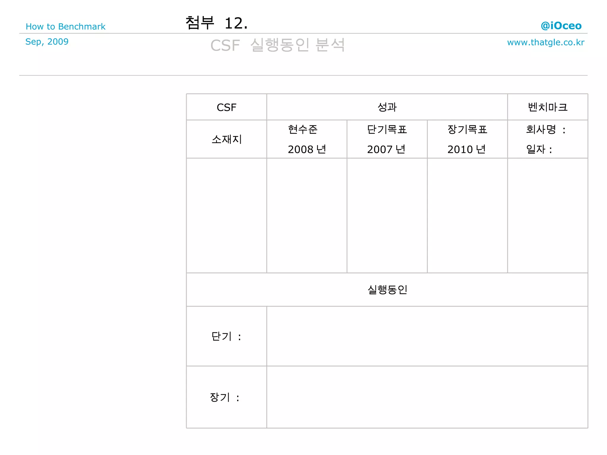 첨부  12. CSF  실행동인 분석 장기  :  단기  : 실행동인 회사명  :  일자 :  장기목표 2010 년 단기목표 2007 년 현수준 2008 년 소재지 벤치마크 성과 CSF 