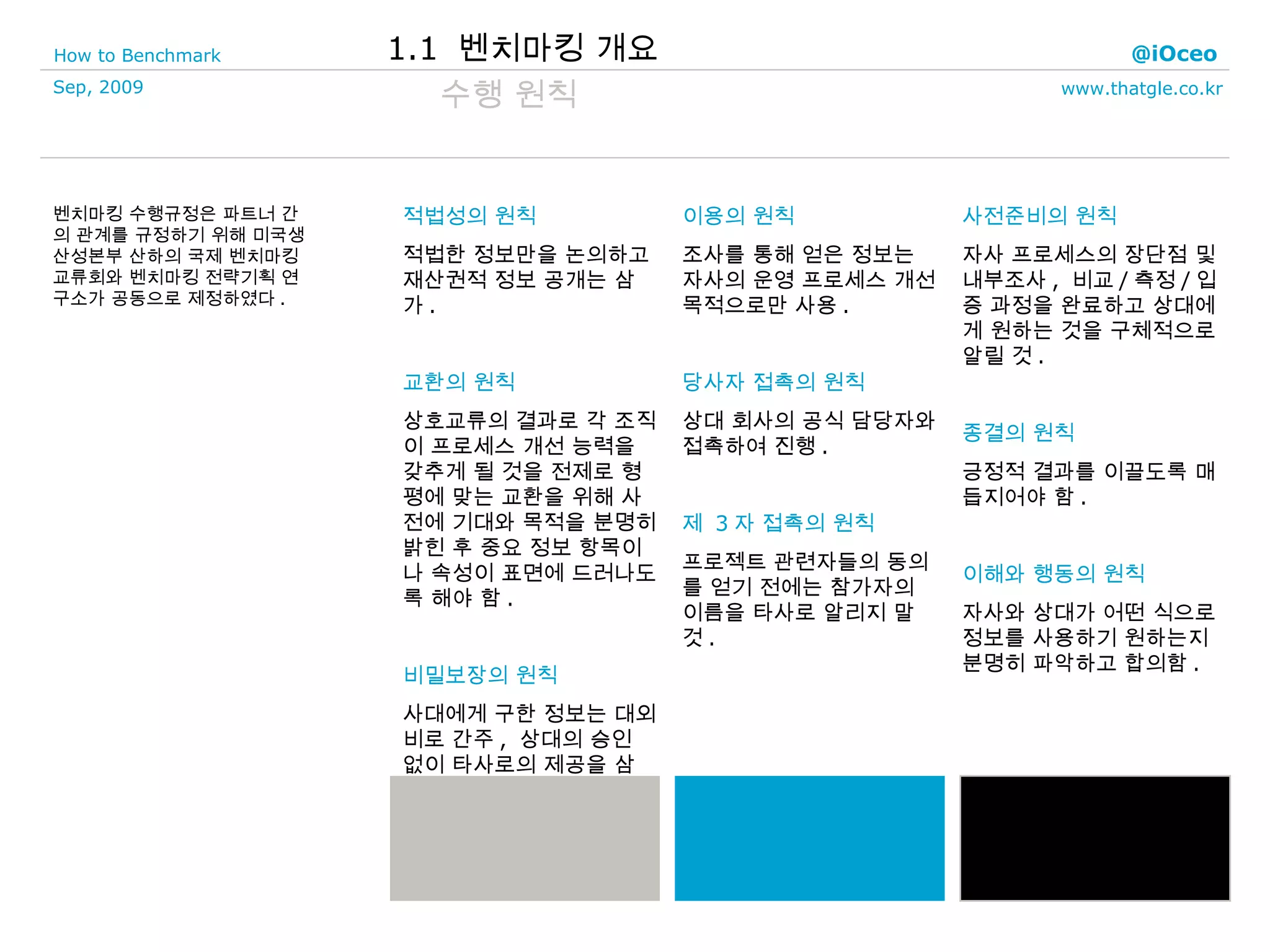 수행 원칙 적법성의 원칙 적법한 정보만을 논의하고  재산권적 정보 공개는 삼가 . 교환의 원칙 상호교류의 결과로 각 조직이 프로세스 개선 능력을 갖추게 될 것을 전제로 형평에 맞는 교환을 위해 사전에 기대와 목적을 분명히 밝힌 후 중요 정보 항목이나 속성이 표면에 드러나도록 해야 함 . 비밀보장의 원칙 사대에게 구한 정보는 대외비로 간주 ,  상대의 승인 없이 타사로의 제공을 삼가 . 사전준비의 원칙 자사 프로세스의 장단점 및 내부조사 ,  비교 / 측정 / 입증 과정을 완료하고 상대에게 원하는 것을 구체적으로 알릴 것 . 종결의 원칙 긍정적 결과를 이끌도록 매듭지어야 함 . 이해와 행동의 원칙 자사와 상대가 어떤 식으로 정보를 사용하기 원하는지 분명히 파악하고 합의함 . 이용의 원칙 조사를 통해 얻은 정보는 자사의 운영 프로세스 개선 목적으로만 사용 . 당사자 접촉의 원칙 상대 회사의 공식 담당자와 접촉하여 진행 . 제  3 자 접촉의 원칙 프로젝트 관련자들의 동의를 얻기 전에는 참가자의 이름을 타사로 알리지 말 것 . 벤치마킹 수행규정은 파트너 간의 관계를 규정하기 위해 미국생산성본부 산하의 국제 벤치마킹 교류회와 벤치마킹 전략기획 연구소가 공동으로 제정하였다 . 1.1  벤치마킹 개요 