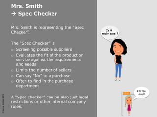 ©GunnarSchöder2016©GunnarSchöder2016
Mrs. Smith
 Spec Checker
Mrs. Smith is representing the “Spec
Checker”.
The “Spec Checker” is
o Screening possible suppliers
o Evaluates the fit of the product or
service against the requirements
and needs
o Limits the number of sellers
o Can say “No” to a purchase
o Often to find in the purchase
department
A “Spec checker” can be also just legal
restrictions or other internal company
rules.
Is it
really save ?
I’m too
small
110 cm
 