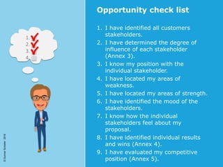 ©GunnarSchöder2016
Opportunity check list
1. I have identified all customers
stakeholders.
2. I have determined the degree of
influence of each stakeholder
(Annex 3).
3. I know my position with the
individual stakeholder.
4. I have located my areas of
weakness.
5. I have located my areas of strength.
6. I have identified the mood of the
stakeholders.
7. I know how the individual
stakeholders feel about my
proposal.
8. I have identified individual results
and wins (Annex 4).
9. I have evaluated my competitive
position (Annex 5).
1.
2.
3.
4.
 