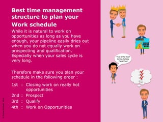 ©GunnarSchöder2016©GunnarSchöder2016
Best time management
structure to plan your
Work schedule
While it is natural to work on
opportunities as long as you have
enough, your pipeline easily dries out
when you do not equally work on
prospecting and qualification.
Especially when your sales cycle is
very long.
Therefore make sure you plan your
schedule in the following order :
1st : Closing work on really hot
opportunities
2nd : Prospect
3rd : Qualify
4th : Work on Opportunities
This is the most
boring holiday
I ever had
1.
2.
3.
4.
 