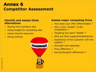 ©GunnarSchöder2016
Competitor Assessment
Assess major competing firms
o How does your offer differentiates ?
o Who is the “Insider” of the
competition ?
o Targeting the same “Wallet” ?
o Who are their supporters/detractors
o Experience of the customer with this
supplier ?
o Strength and weakness
o Price difference ?
o Service/Support differences ?
Identify and assess likely
alternatives
o Buying from someone else
o Using budget for something else
o Using internal resources
o Doing nothing
©GunnarSchöder2016
 