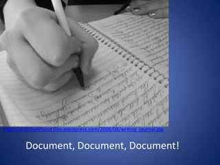 http://writelivelihood.files.wordpress.com/2008/08/writing_journal.jpg     Document, Document, Document!