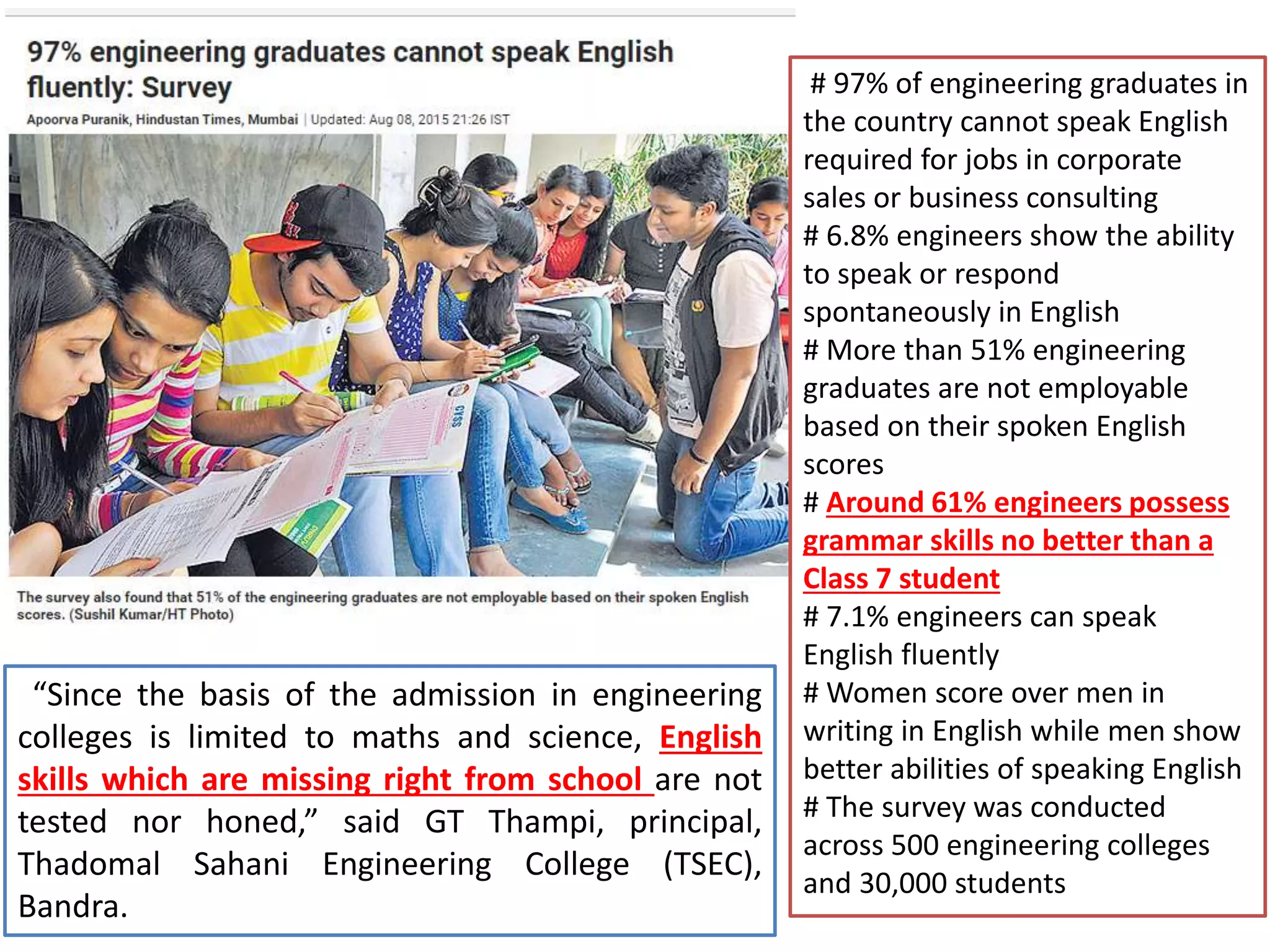 # 97% of engineering graduates in
the country cannot speak English
required for jobs in corporate
sales or business consulting
# 6.8% engineers show the ability
to speak or respond
spontaneously in English
# More than 51% engineering
graduates are not employable
based on their spoken English
scores
# Around 61% engineers possess
grammar skills no better than a
Class 7 student
# 7.1% engineers can speak
English fluently
# Women score over men in
writing in English while men show
better abilities of speaking English
# The survey was conducted
across 500 engineering colleges
and 30,000 students
“Since the basis of the admission in engineering
colleges is limited to maths and science, English
skills which are missing right from school are not
tested nor honed,” said GT Thampi, principal,
Thadomal Sahani Engineering College (TSEC),
Bandra.
 
