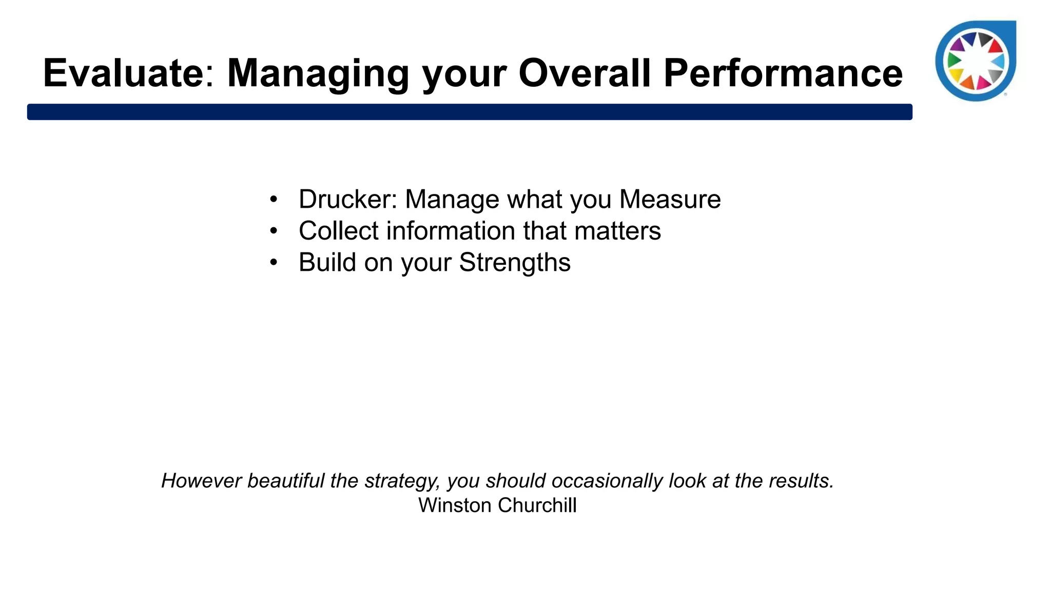 Evaluate: Managing your Overall Performance
• Drucker: Manage what you Measure
• Collect information that matters
• Build on your Strengths
However beautiful the strategy, you should occasionally look at the results.
Winston Churchill
 