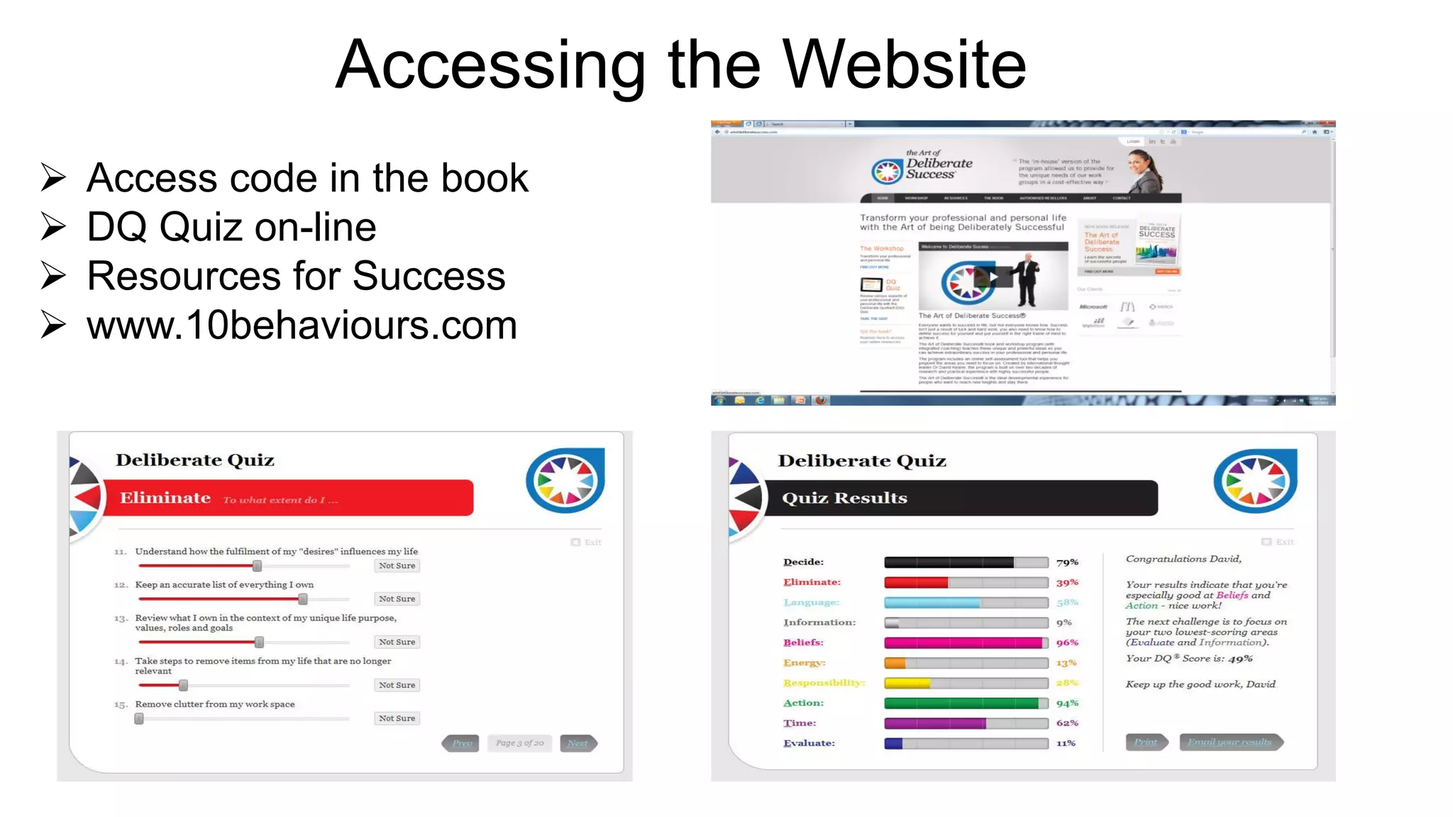 Accessing the Website
 Access code in the book
 DQ Quiz on-line
 Resources for Success
 www.10behaviours.com
 