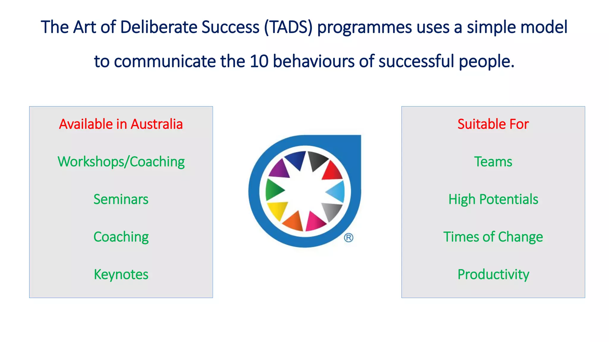 The Art of Deliberate Success (TADS) programmes uses a simple model
to communicate the 10 behaviours of successful people.
Available in Australia
Workshops/Coaching
Seminars
Coaching
Keynotes
Suitable For
Teams
High Potentials
Times of Change
Productivity
 