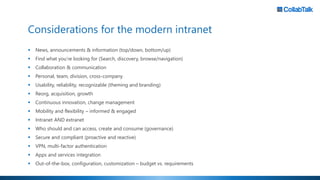 Considerations for the modern intranet
▪ News, announcements & information (top/down, bottom/up)
▪ Find what you’re looking for (Search, discovery, browse/navigation)
▪ Collaboration & communication
▪ Personal, team, division, cross-company
▪ Usability, reliability, recognizable (theming and branding)
▪ Reorg, acquisition, growth
▪ Continuous innovation, change management
▪ Mobility and flexibility – informed & engaged
▪ Intranet AND extranet
▪ Who should and can access, create and consume (governance)
▪ Secure and compliant (proactive and reactive)
▪ VPN, multi-factor authentication
▪ Apps and services integration
▪ Out-of-the-box, configuration, customization – budget vs. requirements
 