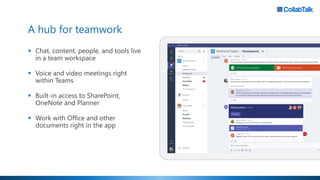 A hub for teamwork
▪ Chat, content, people, and tools live
in a team workspace
▪ Voice and video meetings right
within Teams
▪ Built-in access to SharePoint,
OneNote and Planner
▪ Work with Office and other
documents right in the app
 