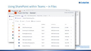 Using SharePoint within Teams – in Files
https://blogs.technet.microsoft.com/skypeh
ybridguy/2017/10/28/microsoft-teams-use-
an-existing-sharepoint-library/
 