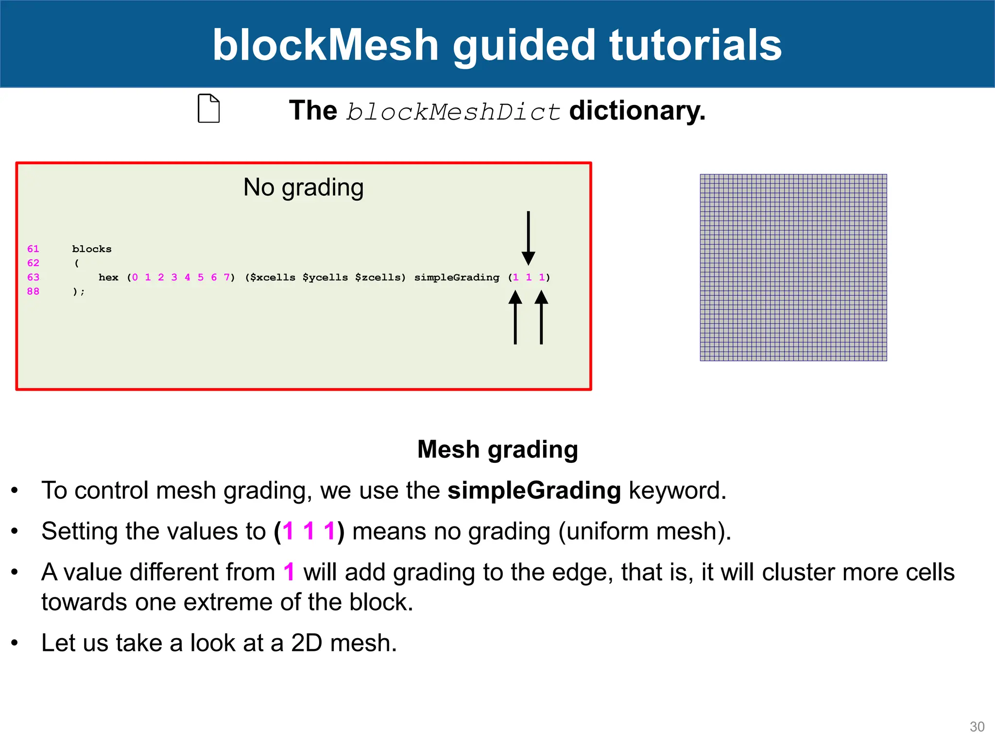 30 blockMesh guided tutorials The blockMeshDict dictionary. 61 blocks 62 ( 63 hex (0 1 2 3 4 5 6 7) ($xcells $ycells $zcells) simpleGrading (1 1 1) 88 ); No grading Mesh grading • To control mesh grading, we use the simpleGrading keyword. • Setting the values to (1 1 1) means no grading (uniform mesh). • A value different from 1 will add grading to the edge, that is, it will cluster more cells towards one extreme of the block. • Let us take a look at a 2D mesh. 