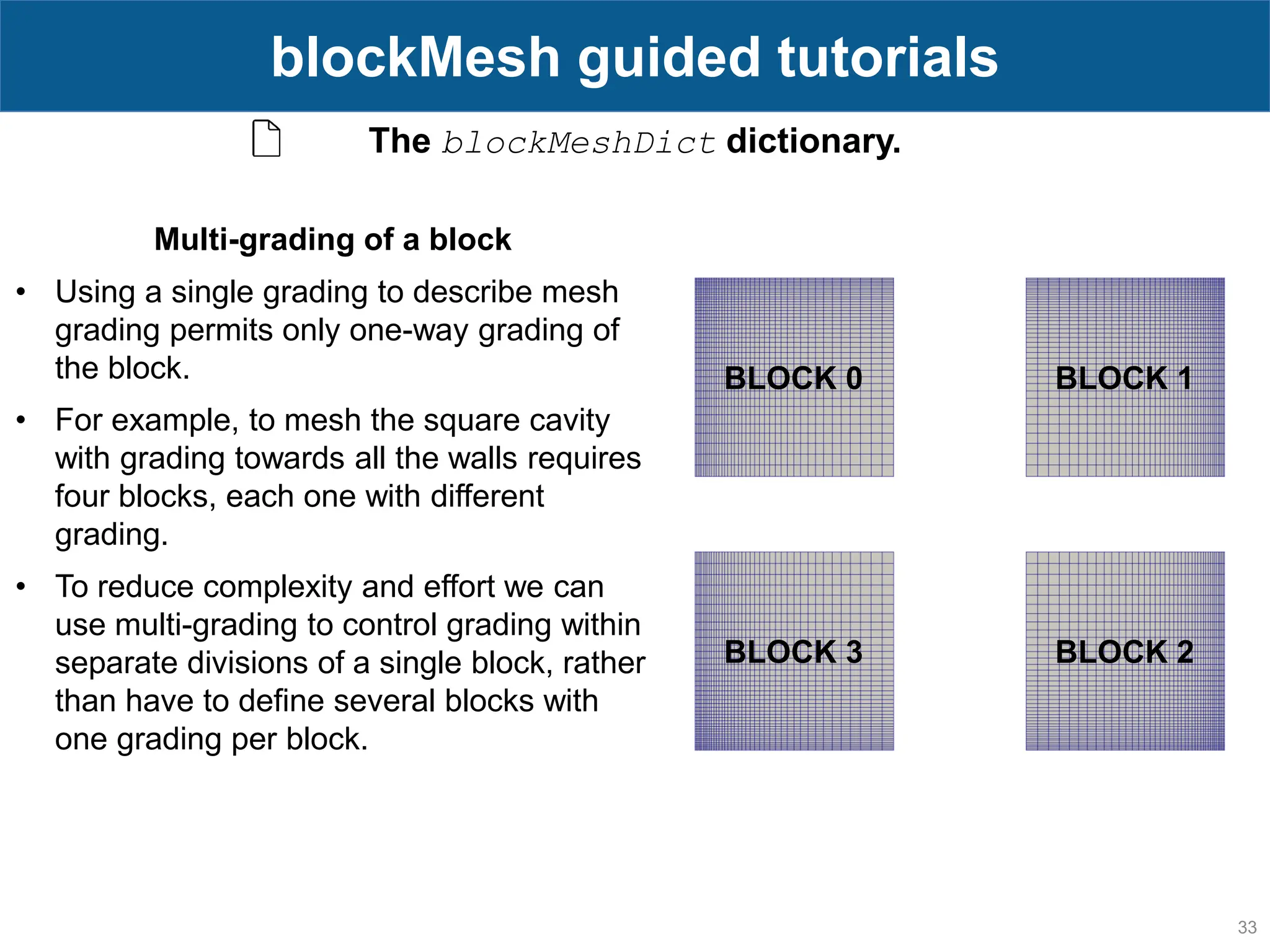 33 blockMesh guided tutorials BLOCK 0 BLOCK 1 BLOCK 3 BLOCK 2 The blockMeshDict dictionary. Multi-grading of a block • Using a single grading to describe mesh grading permits only one-way grading of the block. • For example, to mesh the square cavity with grading towards all the walls requires four blocks, each one with different grading. • To reduce complexity and effort we can use multi-grading to control grading within separate divisions of a single block, rather than have to define several blocks with one grading per block. 