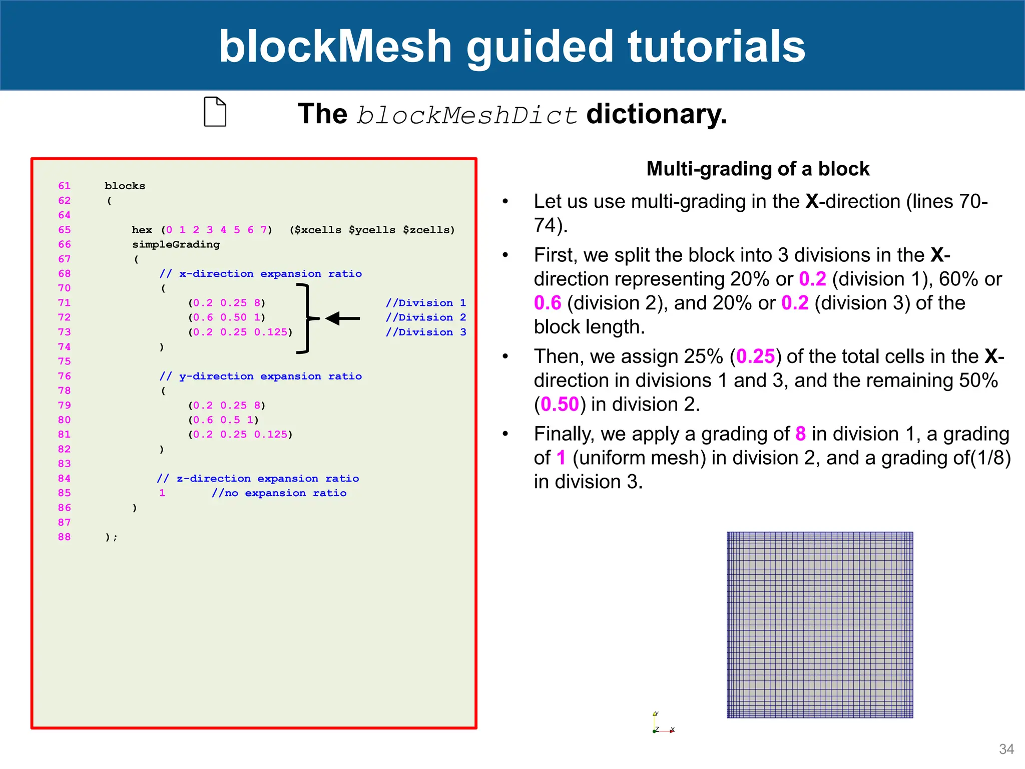 34 blockMesh guided tutorials The blockMeshDict dictionary. 61 blocks 62 ( 64 65 hex (0 1 2 3 4 5 6 7) ($xcells $ycells $zcells) 66 simpleGrading 67 ( 68 // x-direction expansion ratio 70 ( 71 (0.2 0.25 8) //Division 1 72 (0.6 0.50 1) //Division 2 73 (0.2 0.25 0.125) //Division 3 74 ) 75 76 // y-direction expansion ratio 78 ( 79 (0.2 0.25 8) 80 (0.6 0.5 1) 81 (0.2 0.25 0.125) 82 ) 83 84 // z-direction expansion ratio 85 1 //no expansion ratio 86 ) 87 88 ); Multi-grading of a block • Let us use multi-grading in the X-direction (lines 70- 74). • First, we split the block into 3 divisions in the X- direction representing 20% or 0.2 (division 1), 60% or 0.6 (division 2), and 20% or 0.2 (division 3) of the block length. • Then, we assign 25% (0.25) of the total cells in the X- direction in divisions 1 and 3, and the remaining 50% (0.50) in division 2. • Finally, we apply a grading of 8 in division 1, a grading of 1 (uniform mesh) in division 2, and a grading of(1/8) in division 3. 