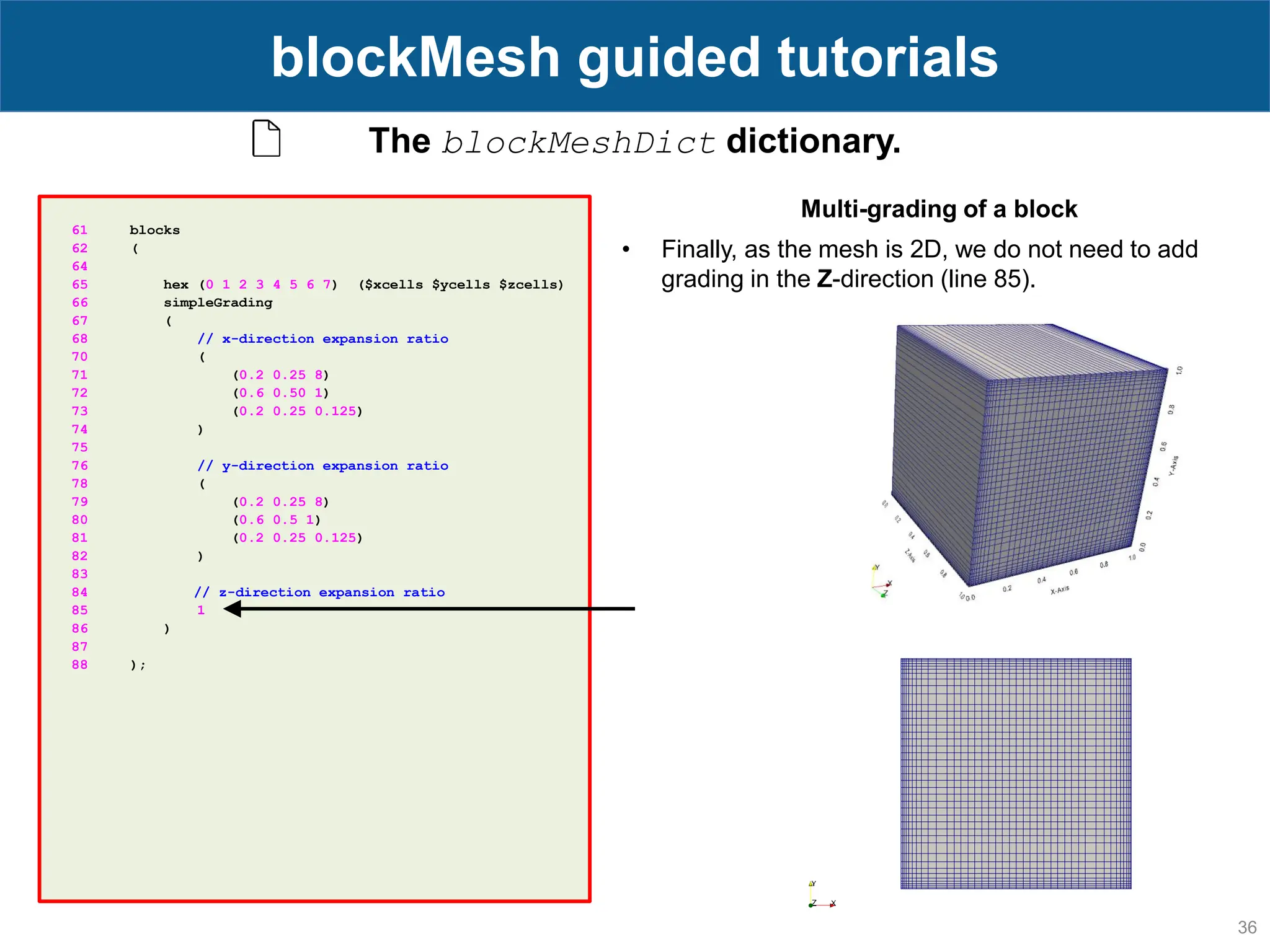 36 blockMesh guided tutorials The blockMeshDict dictionary. 61 blocks 62 ( 64 65 hex (0 1 2 3 4 5 6 7) ($xcells $ycells $zcells) 66 simpleGrading 67 ( 68 // x-direction expansion ratio 70 ( 71 (0.2 0.25 8) 72 (0.6 0.50 1) 73 (0.2 0.25 0.125) 74 ) 75 76 // y-direction expansion ratio 78 ( 79 (0.2 0.25 8) 80 (0.6 0.5 1) 81 (0.2 0.25 0.125) 82 ) 83 84 // z-direction expansion ratio 85 1 86 ) 87 88 ); Multi-grading of a block • Finally, as the mesh is 2D, we do not need to add grading in the Z-direction (line 85). 