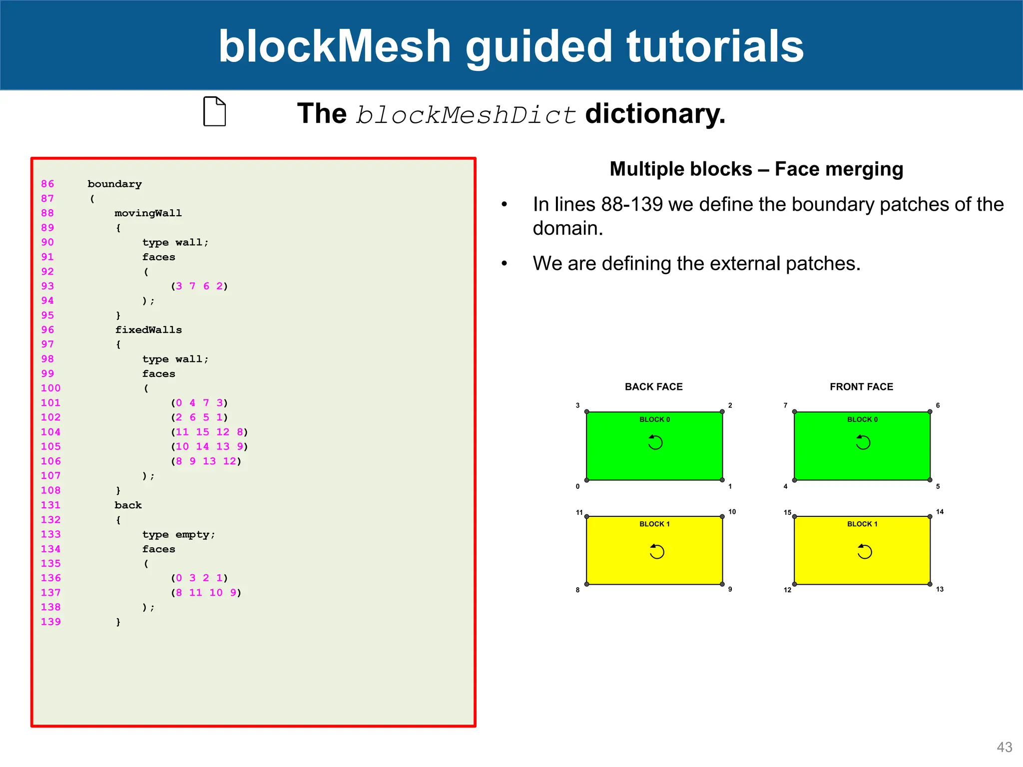 43 blockMesh guided tutorials The blockMeshDict dictionary. 86 boundary 87 ( 88 movingWall 89 { 90 type wall; 91 faces 92 ( 93 (3 7 6 2) 94 ); 95 } 96 fixedWalls 97 { 98 type wall; 99 faces 100 ( 101 (0 4 7 3) 102 (2 6 5 1) 104 (11 15 12 8) 105 (10 14 13 9) 106 (8 9 13 12) 107 ); 108 } 131 back 132 { 133 type empty; 134 faces 135 ( 136 (0 3 2 1) 137 (8 11 10 9) 138 ); 139 } Multiple blocks – Face merging • In lines 88-139 we define the boundary patches of the domain. • We are defining the external patches. 