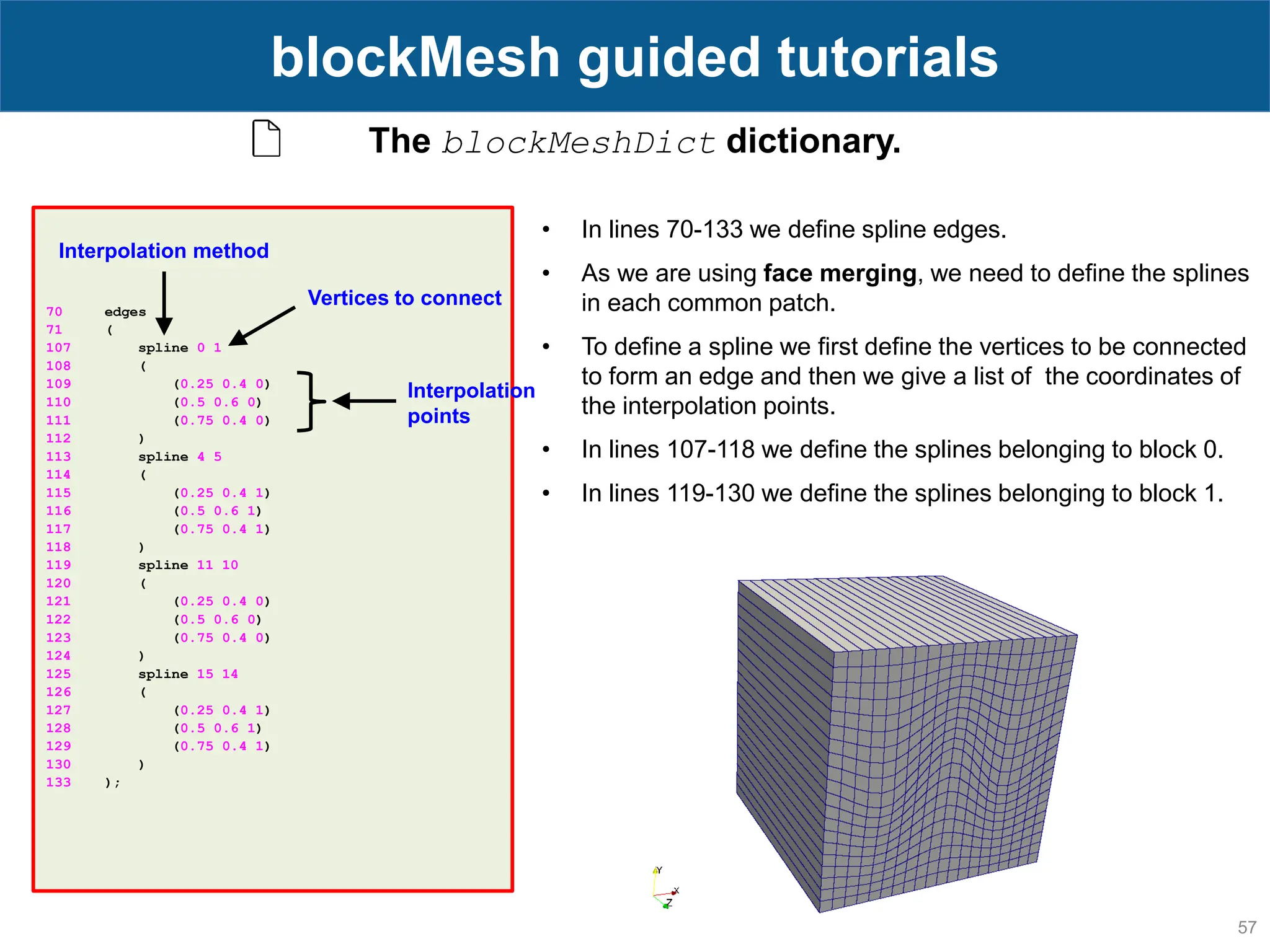 57 blockMesh guided tutorials The blockMeshDict dictionary. 70 edges 71 ( 107 spline 0 1 108 ( 109 (0.25 0.4 0) 110 (0.5 0.6 0) 111 (0.75 0.4 0) 112 ) 113 spline 4 5 114 ( 115 (0.25 0.4 1) 116 (0.5 0.6 1) 117 (0.75 0.4 1) 118 ) 119 spline 11 10 120 ( 121 (0.25 0.4 0) 122 (0.5 0.6 0) 123 (0.75 0.4 0) 124 ) 125 spline 15 14 126 ( 127 (0.25 0.4 1) 128 (0.5 0.6 1) 129 (0.75 0.4 1) 130 ) 133 ); • In lines 70-133 we define spline edges. • As we are using face merging, we need to define the splines in each common patch. • To define a spline we first define the vertices to be connected to form an edge and then we give a list of the coordinates of the interpolation points. • In lines 107-118 we define the splines belonging to block 0. • In lines 119-130 we define the splines belonging to block 1. Interpolation points Interpolation method Vertices to connect 