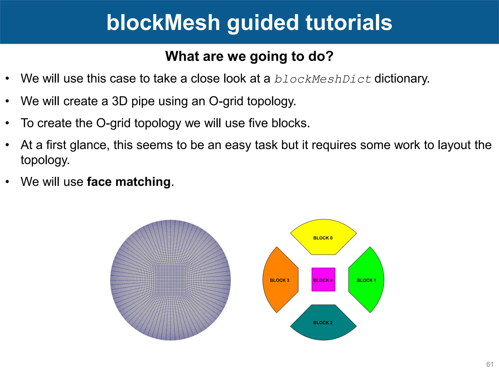 61 blockMesh guided tutorials What are we going to do? • We will use this case to take a close look at a blockMeshDict dictionary. • We will create a 3D pipe using an O-grid topology. • To create the O-grid topology we will use five blocks. • At a first glance, this seems to be an easy task but it requires some work to layout the topology. • We will use face matching. 