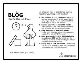 .. 
BLOG 
At a loss on how to get started putting 
together your blog post? Read on! 
1. Set story up in first 100 words. Begin to 
tell your story in the first 100 words. Don’t 
jump right into the “business,” instead find 
your angle to set up the “lesson.” 
2. Explain your idea in next 100 words. 
Articulate your ONE IDEA, explaining what 
this blog post will deliver to the reader 
3. Blog relevance in next 100 words. 
Explain why this blog post is relevant to the 
reader. This is the WIIFM moment! 
4. Offer your advice in 3 or 5 bullets in the 
penultimate 100 words. Bullets are the 
best way to clearly communicate your advice 
in easy-to-consume content. 
5. Recap blog in last 100 words. Use the last 
100 words to recap your idea, the benefits of 
your advice and your call to action! 
How To Blog In 5 Steps 
It’s easier than you think! 
