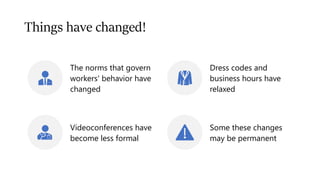 Things have changed!
The norms that govern
workers' behavior have
changed
Dress codes and
business hours have
relaxed
Vide...