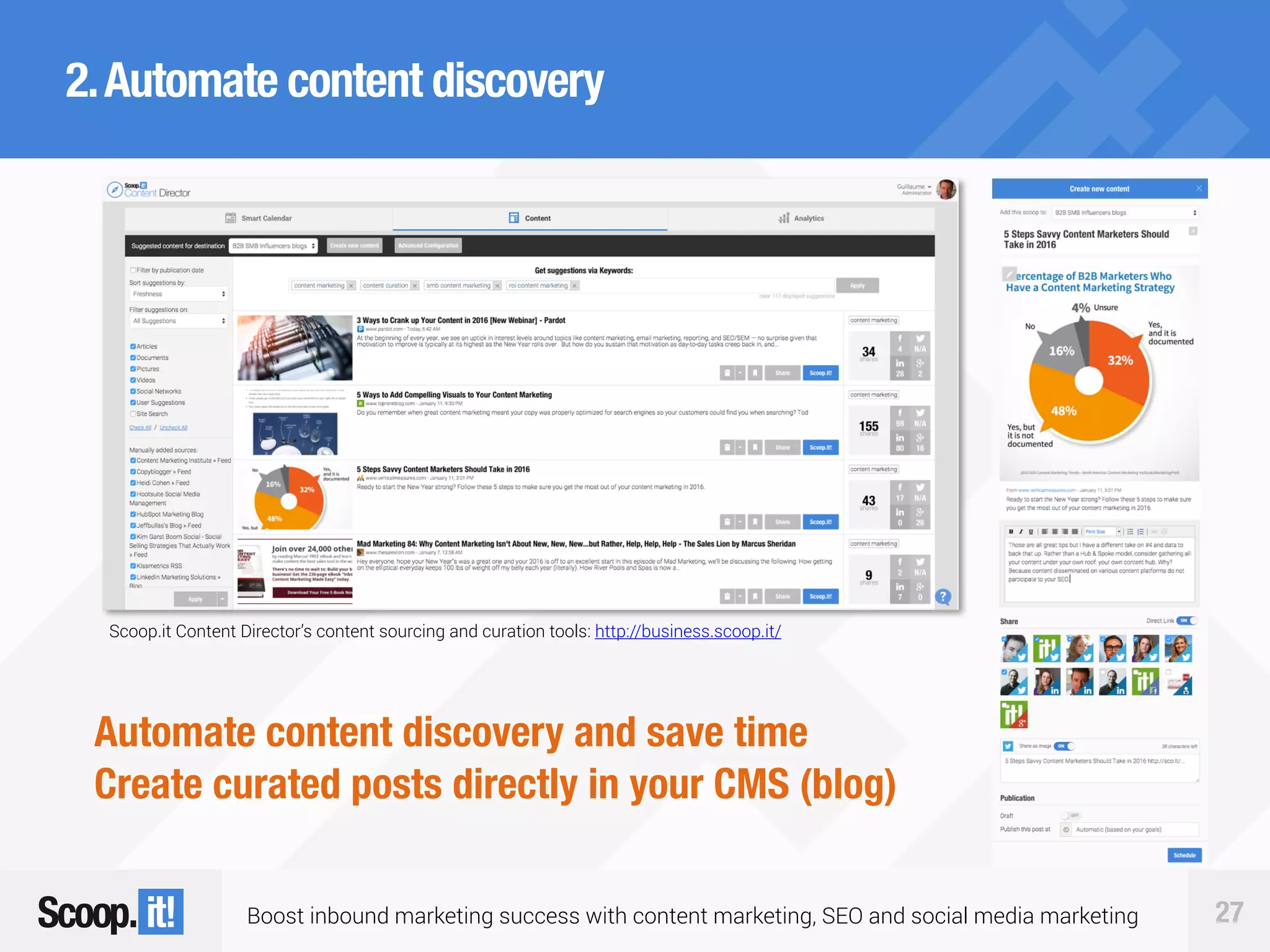 Boost inbound marketing success with content marketing, SEO and social media marketing 27
2.Automate content discovery
Automate content discovery and save time
Create curated posts directly in your CMS (blog)
Scoop.it Content Director’s content sourcing and curation tools: http://business.scoop.it/
 