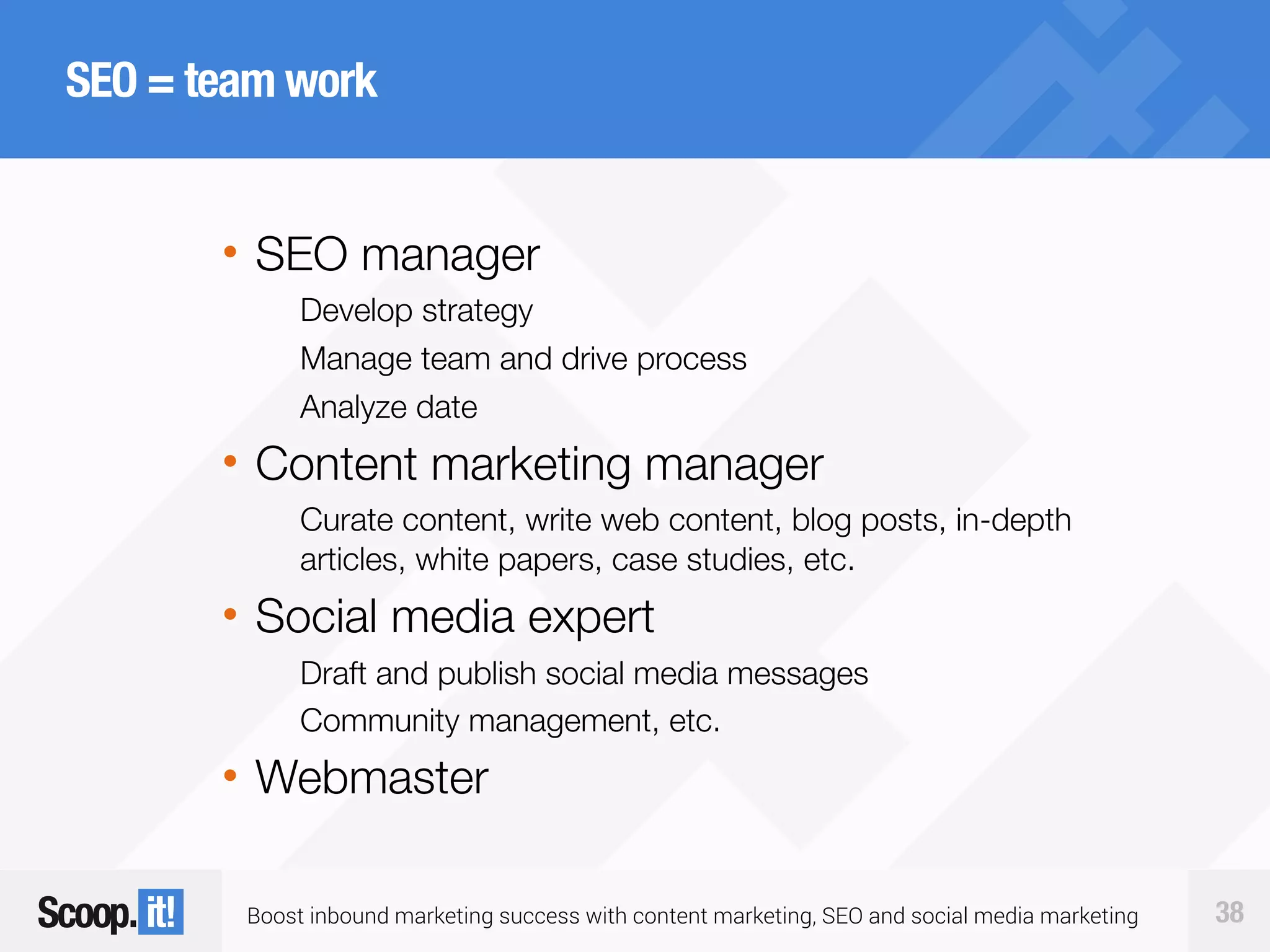 Boost inbound marketing success with content marketing, SEO and social media marketing 38
SEO = team work
• SEO manager
Develop strategy
Manage team and drive process
Analyze date
• Content marketing manager
Curate content, write web content, blog posts, in-depth
articles, white papers, case studies, etc.
• Social media expert
Draft and publish social media messages
Community management, etc.
• Webmaster
 